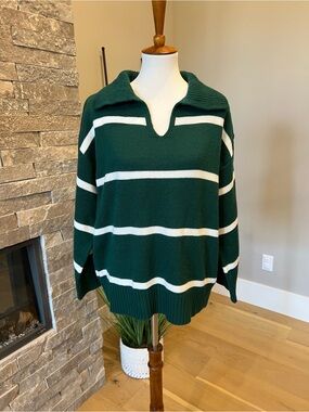 Striped Green Polo Collar Sweater - Dark Green & White